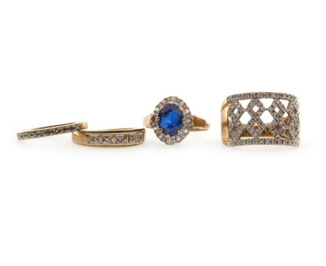 FOUR GEM SET RINGS, comprising a broad pierced diamond set band, unmarked, size P, 4.7g; a diamond set band, marked 375, size