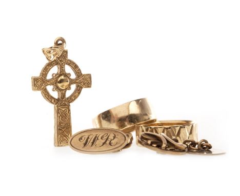 CELTIC CROSS PENDANT, 33mm high, with engraved decoration, to the obverse; along with a pair of nine carat gold cufflinks and
