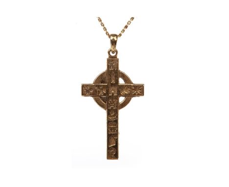 CROSS PENDANT, with engraved detail, 30mm high, marked 14ct to the reverse, on a chain marked 585, 4.7g gross