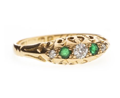 VICTORIAN DIAMOND AND GREEN GEM SET RING, the three round old cut diamonds interspaced by two round green gems, with personal