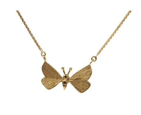 BUTTERFLY MOTIF NECKLET, with a moulded butterfly motif set with two small diamonds, 22mm wide, the chain clasp marked 375, 6