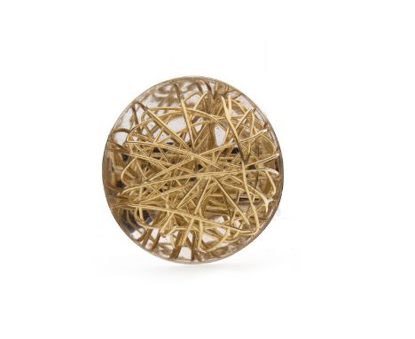 ABSTRACT BI COLOUR PENDANT, formed by a concave disc with overlaid gold coloured wire dome, 28mm diameter, marked 750, 6g