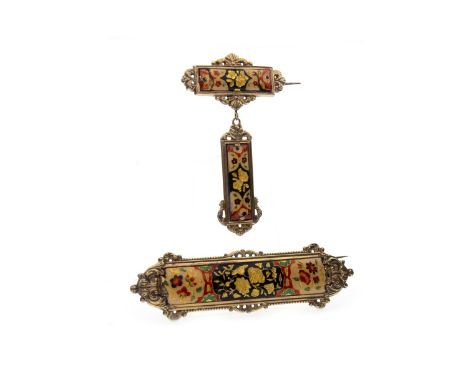 LARGE GOLD PLATED ENAMELLED BAR BROOCH, the central section depicting foliate motifs, with red, green, black and yellow decor