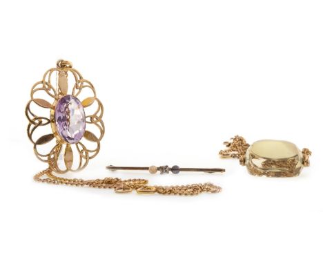 DIAMOND AND PEARL BAR BROOCH, set with a central diamond flanked by a black and white pearl, unmarked, 1.6g; along with a nin