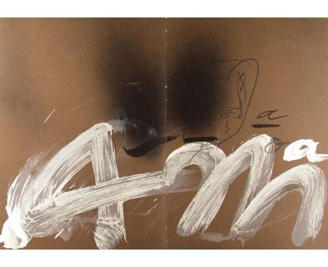 Artist: Antoni Tapies (Spanish, 1923-2012). Title: "Hommage a Aime Maeght". Medium: Original color lithograph. Date: Composed