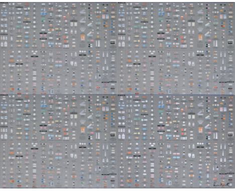 Artist: Damien Hirst (English, b.1965). Title: "Pharmacy Panel (Silver) (1997) (4 panel)". Medium: Color silkscreen and offse