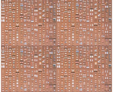 Artist: Damien Hirst (English, b.1965). Title: "Pharmacy Panel (Gold) (1997) (4 panel)". Medium: Color silkscreen and offset 