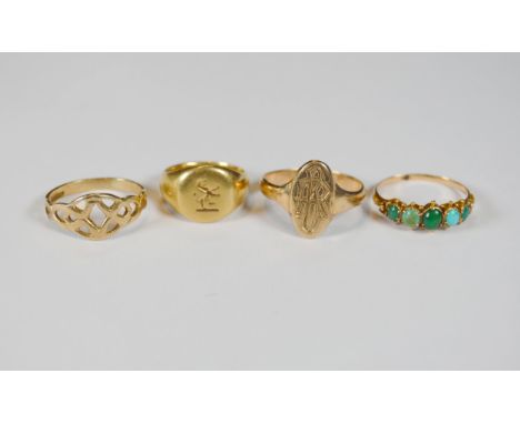 9ct gold Celtic-inspired lady's ring, size O, 1.7g, an unmarked lady's five-stone turquoise ring, size P, and two unmarked mo