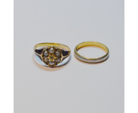 18ct gold and platinum lady's band ring, size K, 2.4g, and a Victorian lady's gold enamel and seed pearl mourning ring, engra