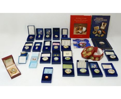 Collection of Halcyon Days enamel boxes to include 1970s and 1980s Christmas boxes, and other themes, most with booklets, all