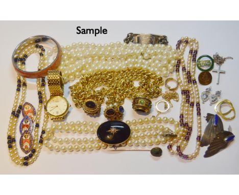 Collection of jewellery contained in a tooled jewellery box to include a Victorian black enamel and seed pearl-mounted mourni