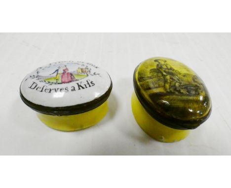 Two Bilston enamel boxes, c. 1790, inscribed to the cover 'A Pinch of This Deserves a Kifs', the other with a boy carrying st