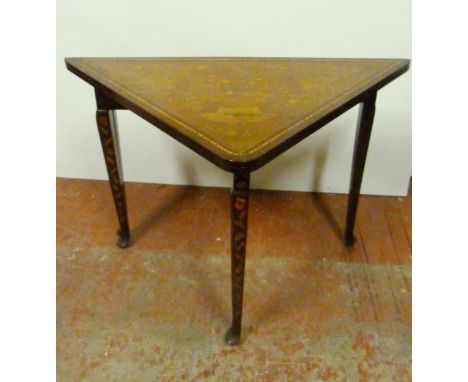 Dutch marquetry inlaid walnut triangular folding card table, c. late 18th century, with tulip and foliate decoration, on trip