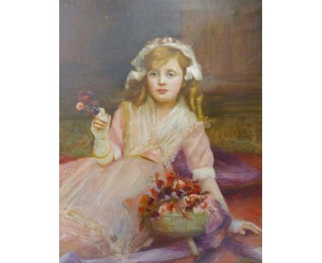 In the Manner of Harold W Boucher Portrait of a young girl arranging a floral bouquet Unsigned, oil on canvas, 74cm x 59.5cm.