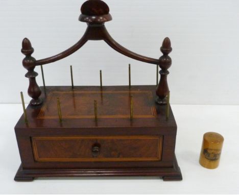 19th century inlaid mahogany sewing box, the scroll handle forming a pin cushion over ten brass spindles with drawer below, o