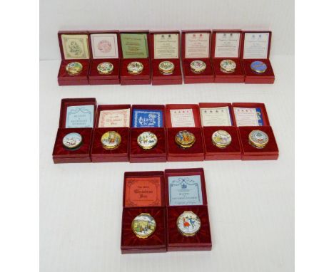 Set of ten Halcyon Days enamel Christmas boxes, in a run from 1980 - 1989, and five Bilston and Battersea enamel Christmas bo