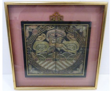Chinese silk embroidered robe rank badge, Qing Dynasty, depicting a crane in geometric design, stitched in gold, silver and c