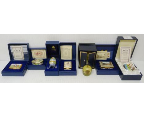 Group of seven Halcyon Days enamel and porcelain boxes to include an example from the Bonbonnieres range, 'The Owl and the Pu