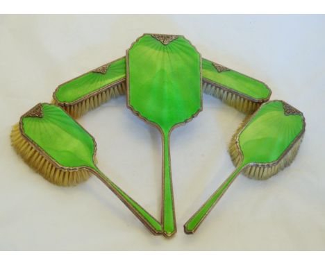 Art Deco silver and green enamel five-piece dressing table set, by Ollivant &amp; Botsford, Birmingham 1930.