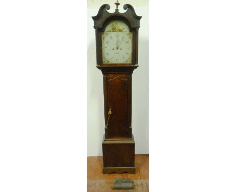 Georgian and later oak longcase clock with swan's neck pediment, arch-topped case with painted floral and chinoiserie decorat