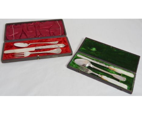 Victorian silver three-piece christening set comprising an etched knife, fork and plain Hanoverian-style spoon, the knife and
