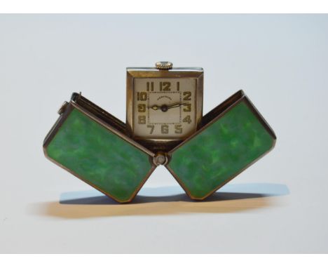 Art Deco silver-cased pocket travel clock by Mersmann, stamped '0.935 Breveté' to reverse, square dial, in a green and engine