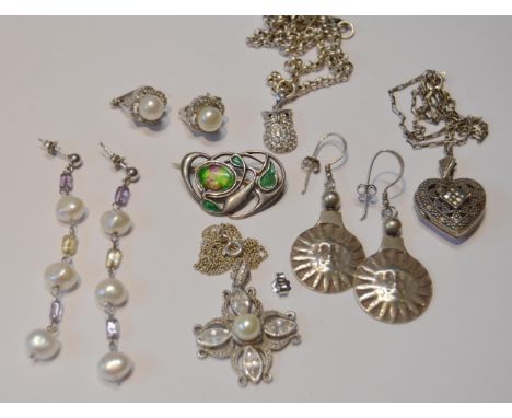 Art Nouveau-style silver and enamel brooch, and various earrings and pendants.