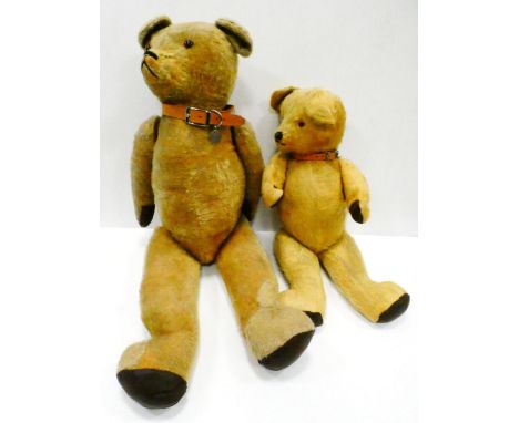 Large vintage golden mohair straw-filled teddy bear in seated pose, with clear amber and black glass eyes, black stitched nos