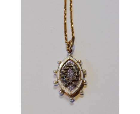 Diamond and pearl-set guilloché enamel locket, with attached&nbsp;9ct gold lady's neck chain, the locket set with small diamo