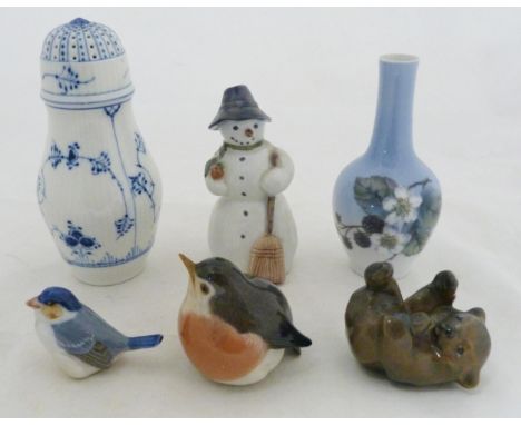 Group of Royal Copenhagen and Danish porcelain comprising a snowman figure, bear cub, robin and another small bird figure, al