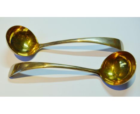 Pair of Scottish silver sauce ladles with gilt bowls, by Hamilton &amp; Inches, Edinburgh 1929, 115g gross.
