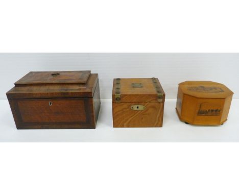 George III mahogany and satinwood triple tea caddy, 14.5cm high and 24cm wide, an oak tea caddy and a Mauchline-style box.&nb