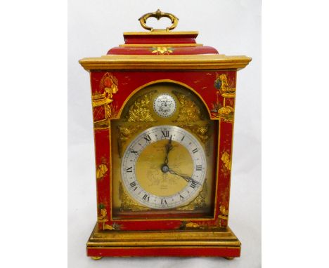 Garrard &amp; Co., of London for Elliott &amp; Co Red Chinoiserie-cased mantel clock engraved with gilt mask spandrels to the