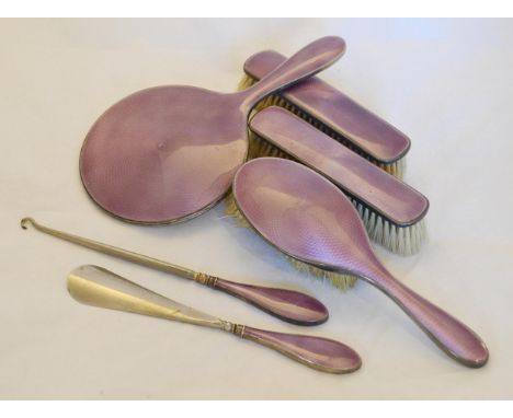 Set of six Edwardian silver and guilloché enamel brushes/dressing table items, by Henry Matthews, Birmingham 1902.