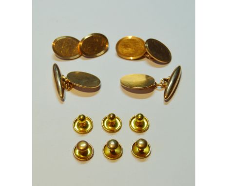 Two pairs of 9ct gold gent's oval cufflinks, four assorted 9ct gold studs, 21g gross, and a pair of 10ct gold studs, 1.2g.