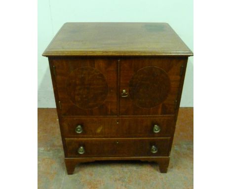 Georgian inlaid mahogany commode, with two boxwood strung doors above a frieze drawer and pull-out drawer, on bracket feet, l