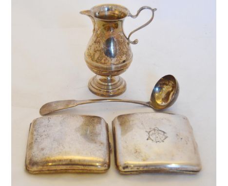 Group of silver comprising a Chester silver cream jug, Scottish silver sauce ladle by Urquhart, and two silver cigarette case