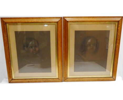 British School Portrait study of The Freshfield girls Signed indistinctly, pair of charcoal and chalks, 38.5cm x 30.5cm, glaz