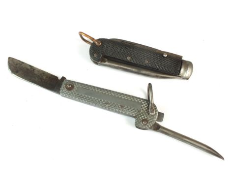 Two 1940s folding pocket knives, comprising a Royal Navy seaman's example with folding knife and Marlin spike; and a British 
