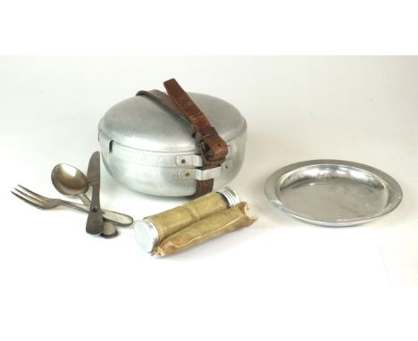 A British Army Cavalry or Mounted Troops mess tin, 1st Model, with cut-away holes in the cover, no obvious date, with brown l