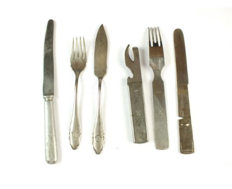 A group of German utensils with Third Reich markings comprising a field GAG 41 knife and fork in interlocking field service h