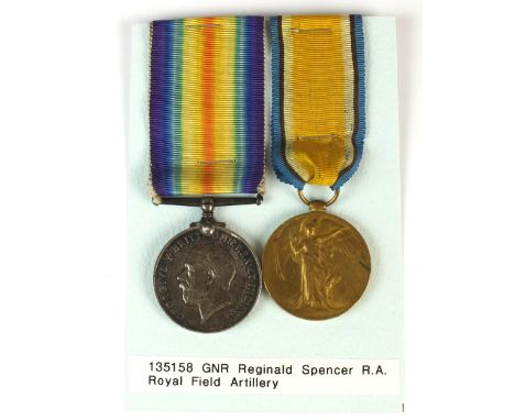 A British Army First World War medal pair awarded to "135158 Gnr R. Spencer, R.A", comprising British War Medal and Victory M