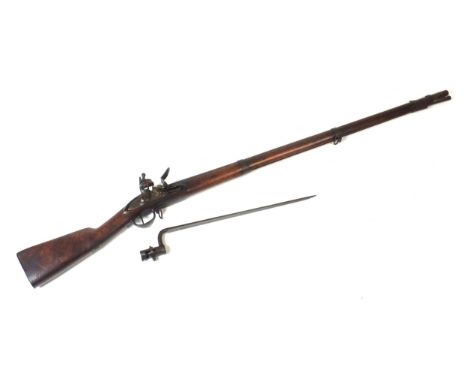 A French Charleville M1777 flintlock musket with later bayonet smooth-bore, indistinct manufacturers details to lockplate (pr