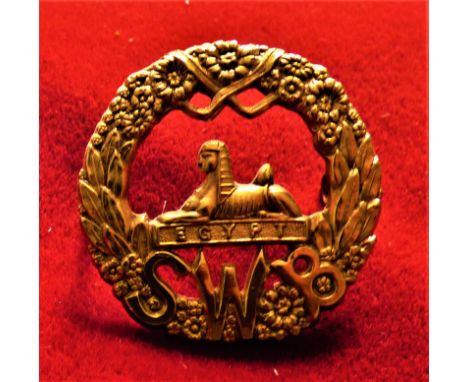 South Wales Borderers Other Ranks Cap Badge (Brass), two lugs. K&amp;K: 624 -South Wales Borderers WWI Brass Economy Cap Badg