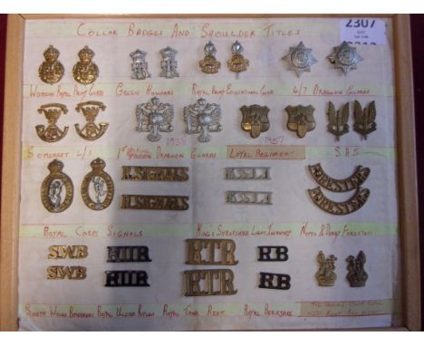 Collar Badge and Shoulder title collection (7) pairs including:- Women's Royal Army Corps, RAEC, 4/7 Dragoons, SAS, Royal Tan