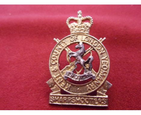 Kent and County of London Yeomanry (Sharp Shooters) EIIR Cap Badge (Silver and Gilt), two lugs. K&amp;K: 2288