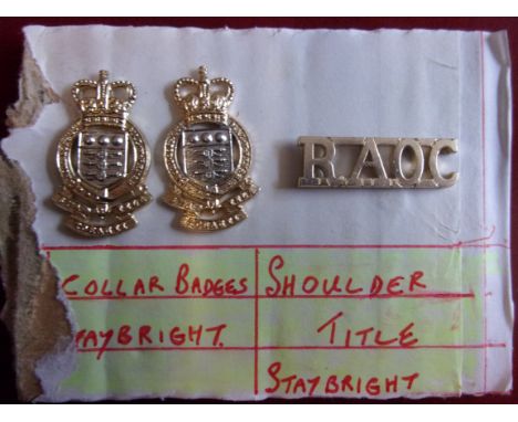 Royal Army Ordnance Corps EIIR Collar Badge Pair (Anodised), lugs and Shoulder Title (Anodised). Excellent set. 