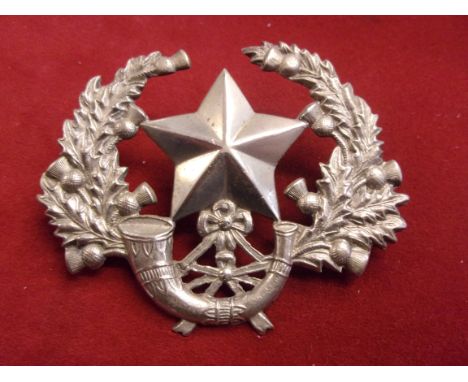 Cameronians (Scottish Rifles) WWII Sergeants Cap Badge (White-metal), two lugs, Soldiers name etched onto the back; 3249911 A