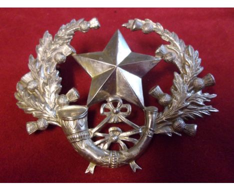 Cameronians (Scottish Rifles) WWII Sergeants Cap Badge (White-metal), two lugs, a slightly larger variant. K&amp;K: 1989