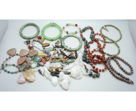 A collection of jade and semi-precious stone set jewellery 